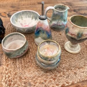 Handmade Stoneware Pottery Set: Oil Decanter, Chalice, Bowls - Set of 8