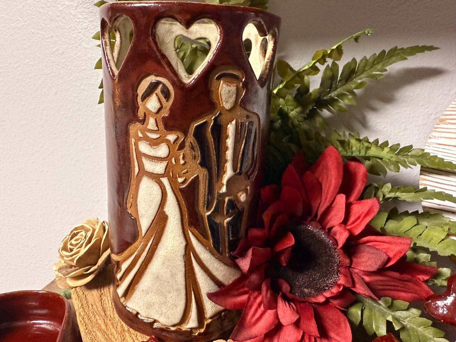 Artisan curated wedding gift set couple. Vase heart bowl and happy home.
