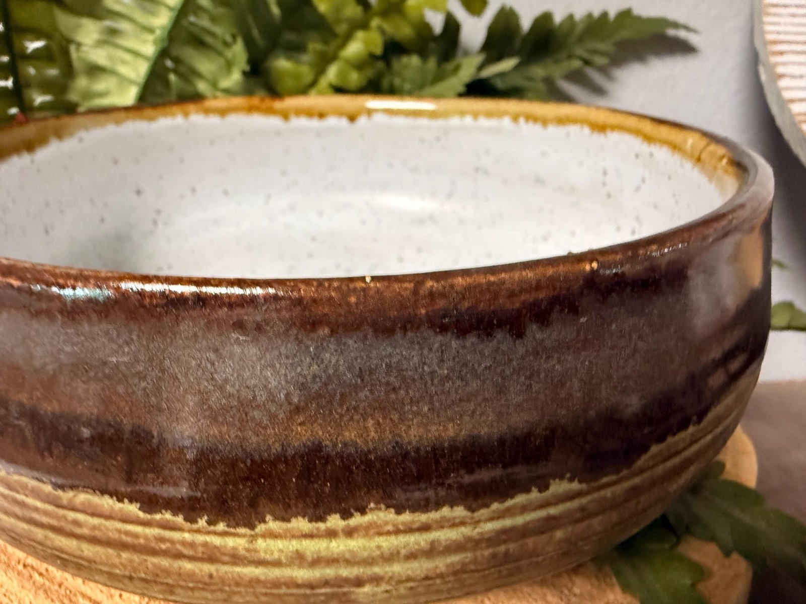Handmade Stoneware Bowl: Speckled White Interior, Chai Glazed Exterior