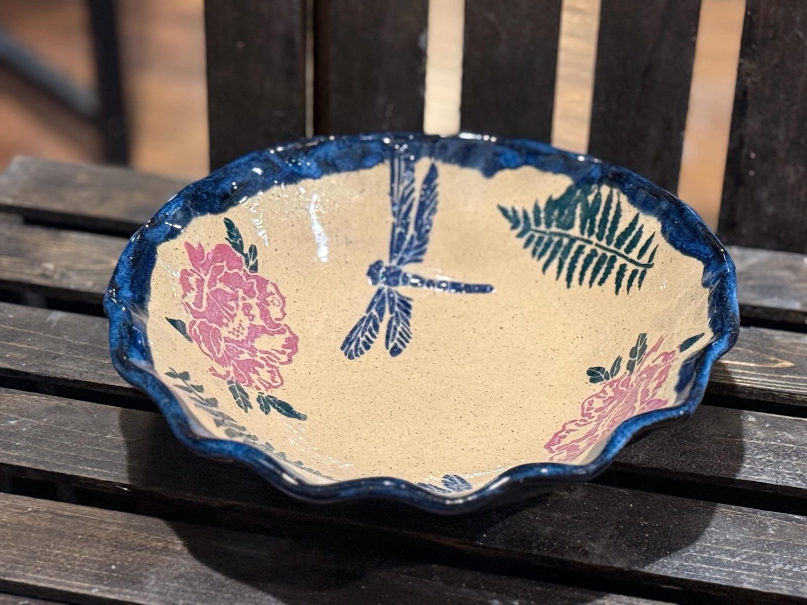 Floral Dragonfly stoneware bowl.