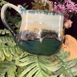 Hand made coffee mug Stoneware Clay, Thumb Rest. Green brown