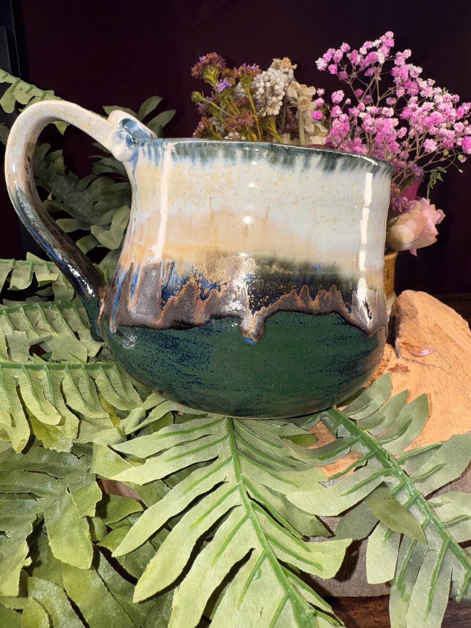 Hand made coffee mug Stoneware Clay, Thumb Rest. Green brown