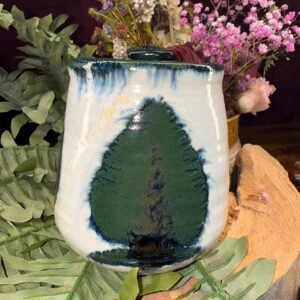 Tree Hand made coffee mug Stoneware Clay, Thumb Rest. Green brown, cream.