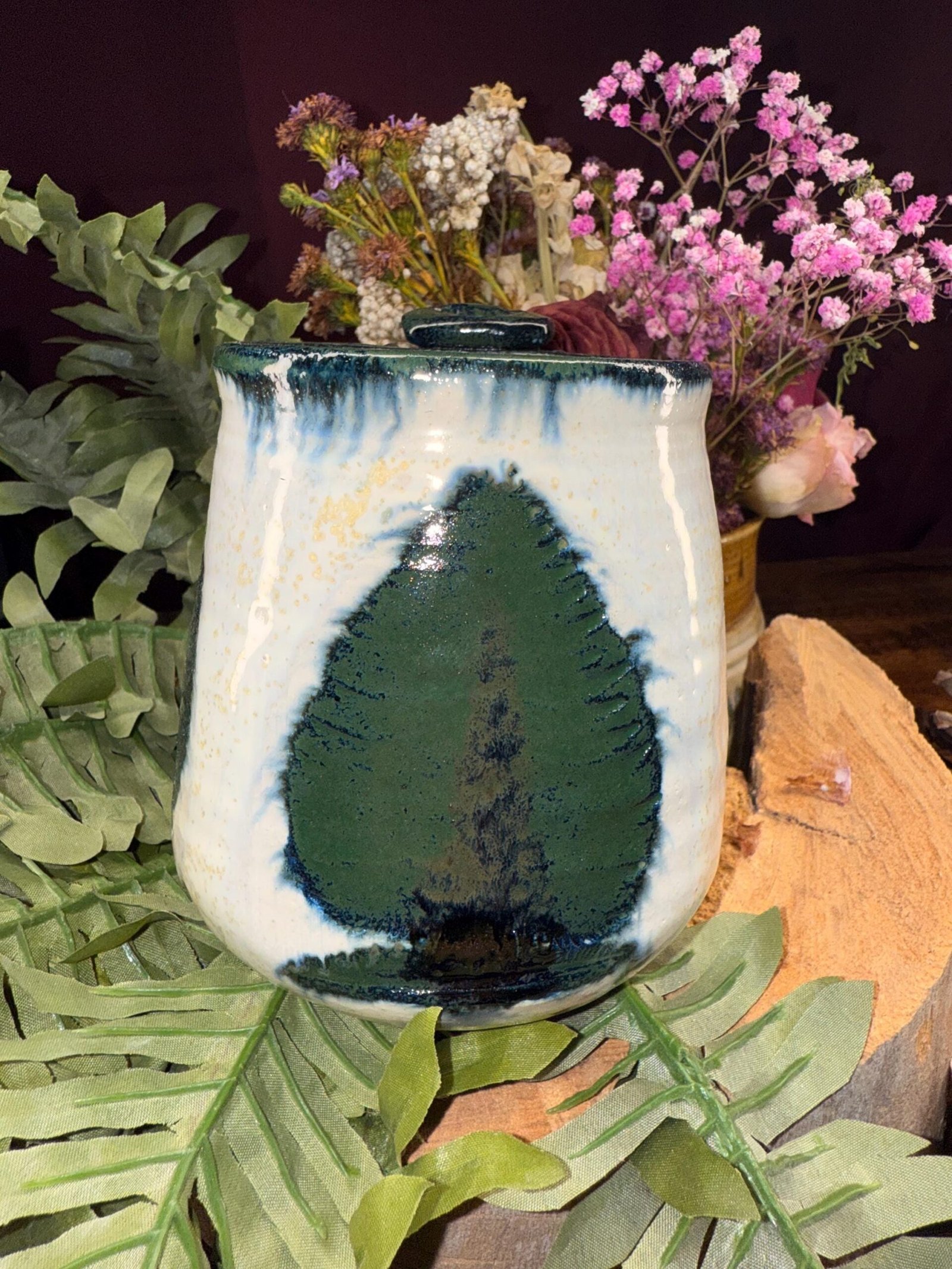Tree Hand made coffee mug Stoneware Clay, Thumb Rest. Green brown, cream.