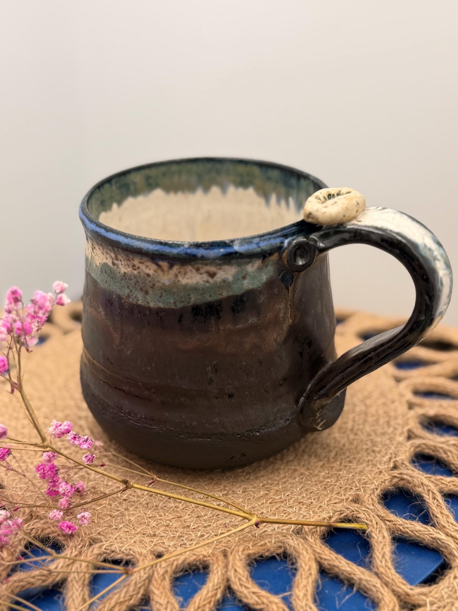 Hand made coffee mug Stoneware Clay, Thumb Rest. Speckled cream brown blue - Image 2