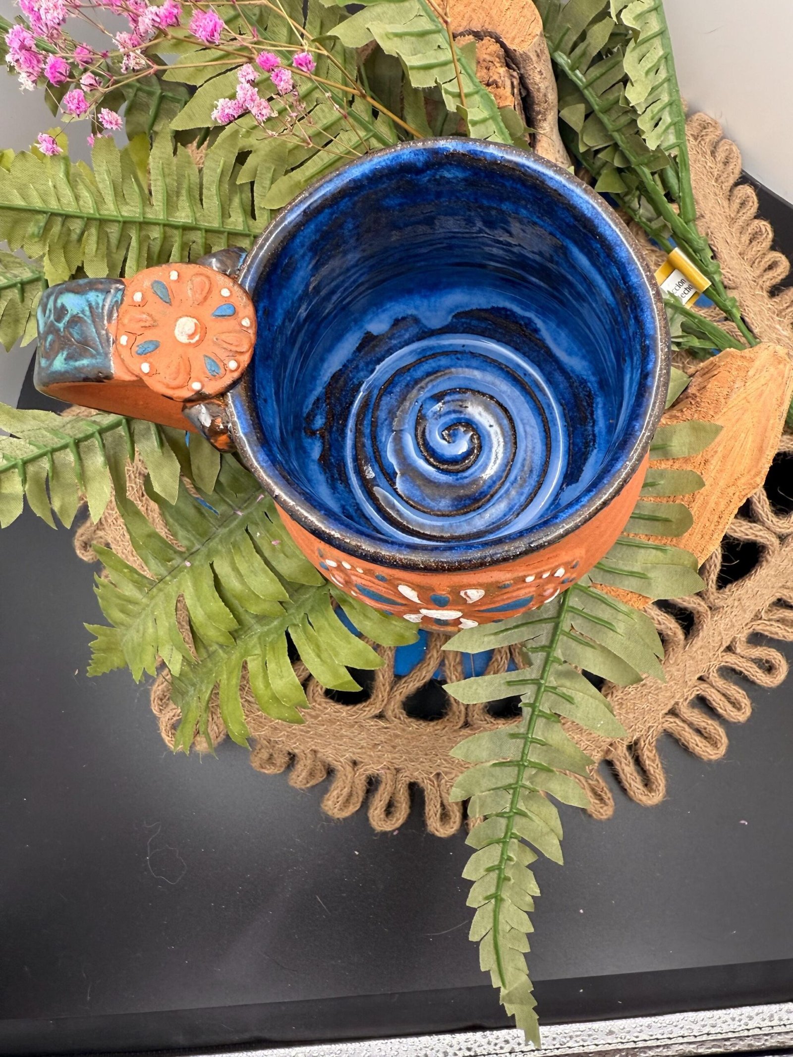 Southwestern style terra-cotta and brilliant blue glazed Coffee mug.17+ Oz hand made. - Image 2
