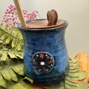 Southwestern terra-cotta design salt /sugar jar W/ wood spoon. Hand made