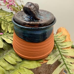 Southwestern terra-cotta design salt /sugar jar W/ wood spoon. Hand made