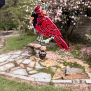 Adorable Hanging cardinal , Handmade  ornament / wind chime, stoneware clay. Acorn bell