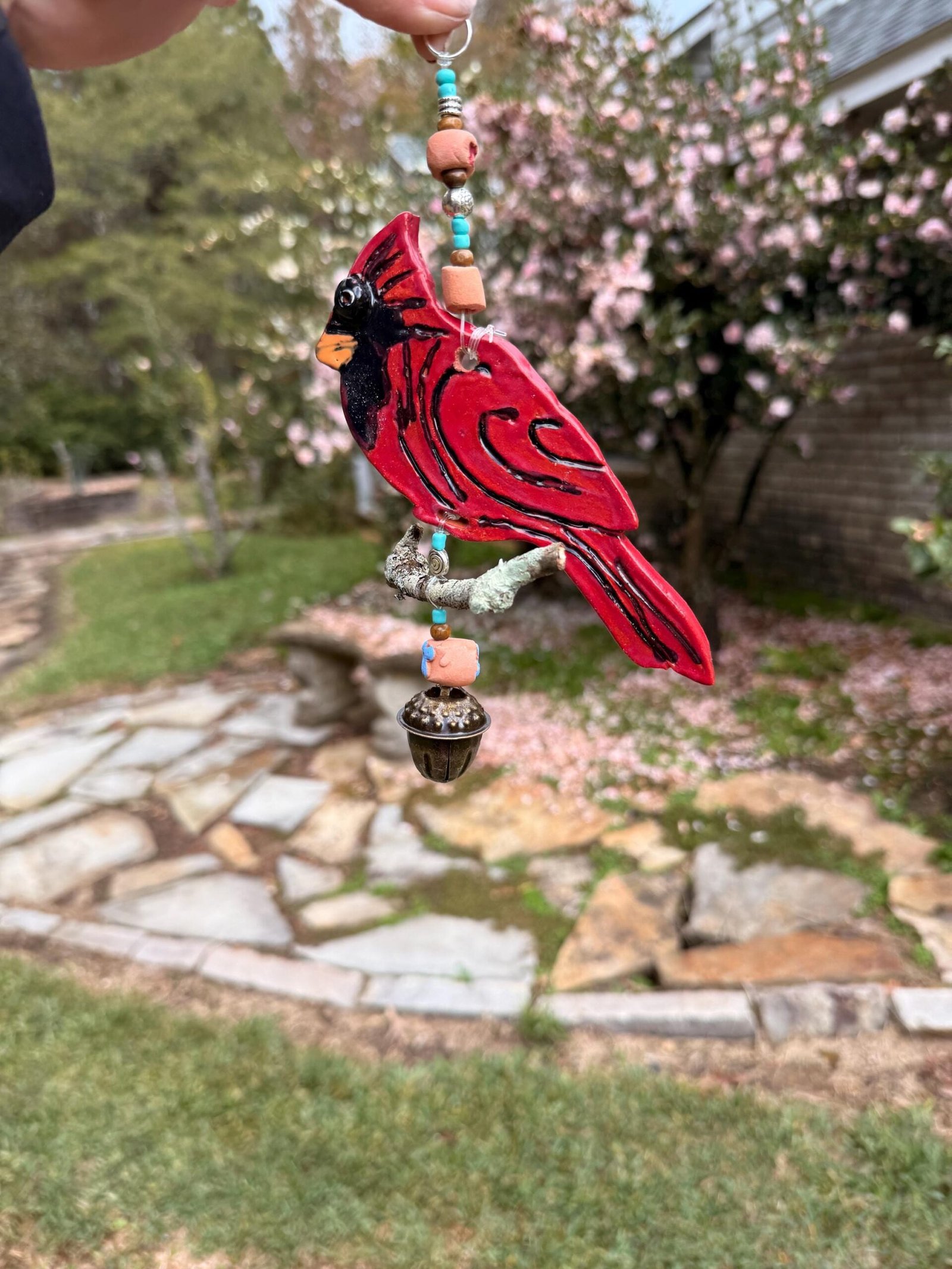Adorable Hanging cardinal , Handmade ornament / wind chime, stoneware clay. Acorn bell