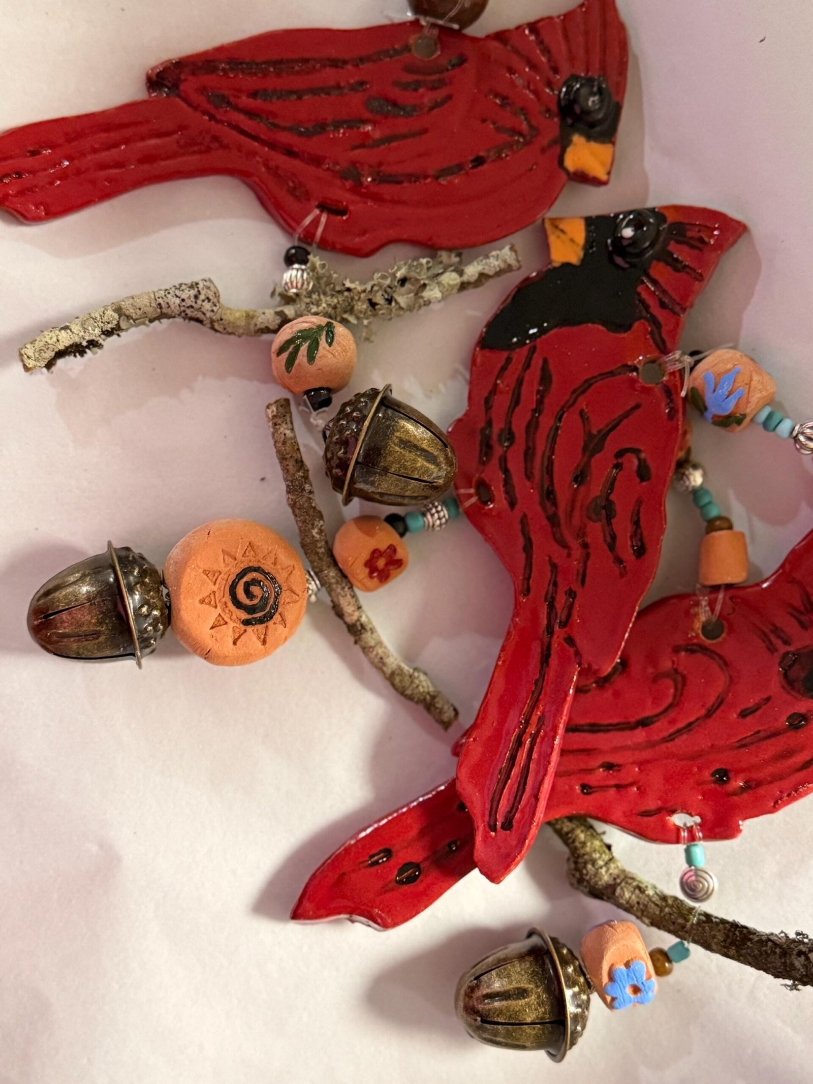 Adorable Hanging cardinal , Handmade ornament / wind chime, stoneware clay. Acorn bell - Image 2