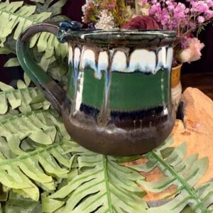 Hand made coffee mug Stoneware Clay, Thumb Rest. Green brown