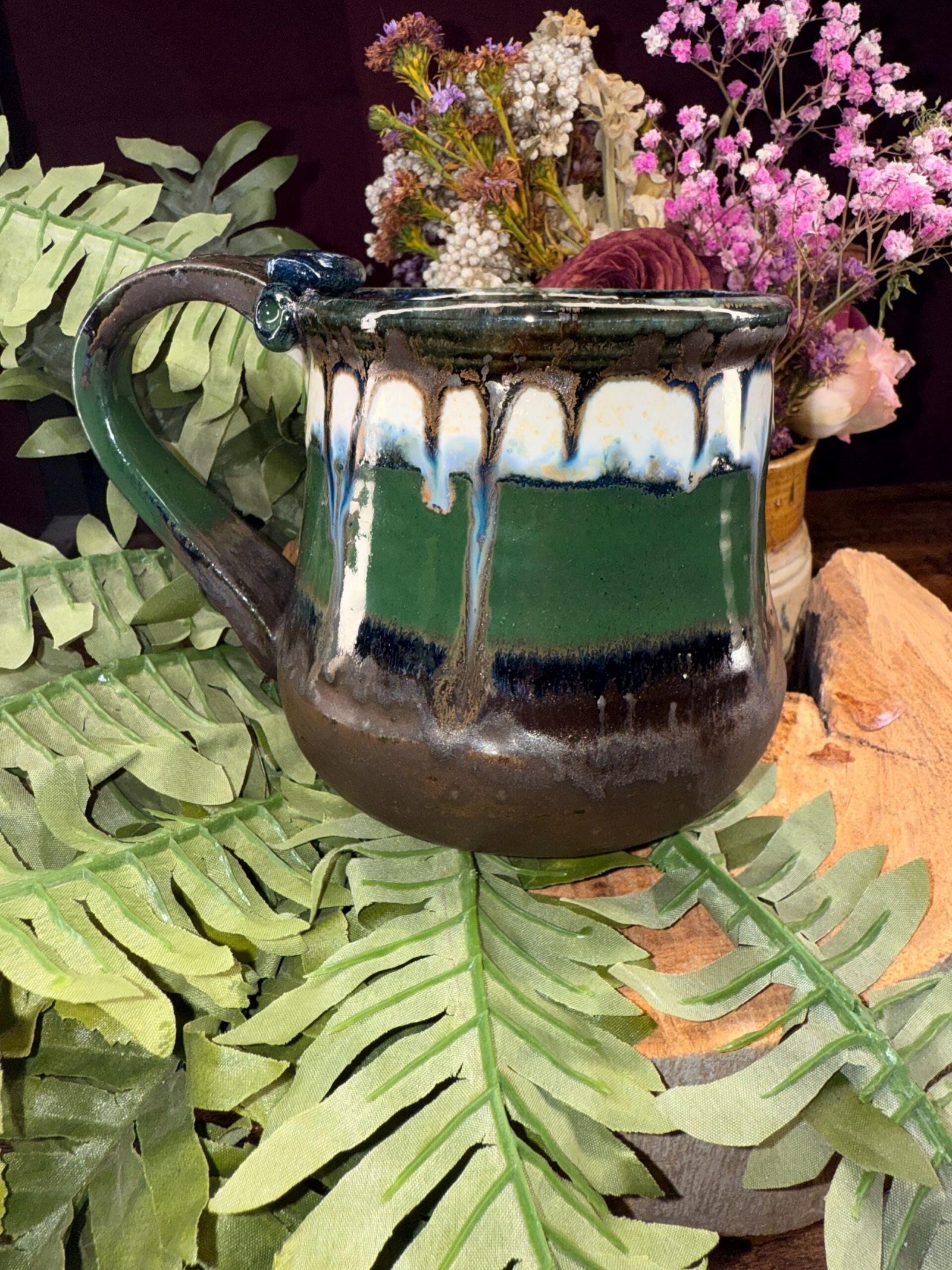 Hand made coffee mug Stoneware Clay, Thumb Rest. Green brown