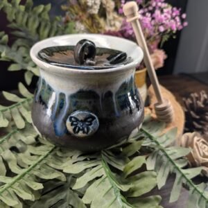 Butterfly Honey pot jar with wood dabber .