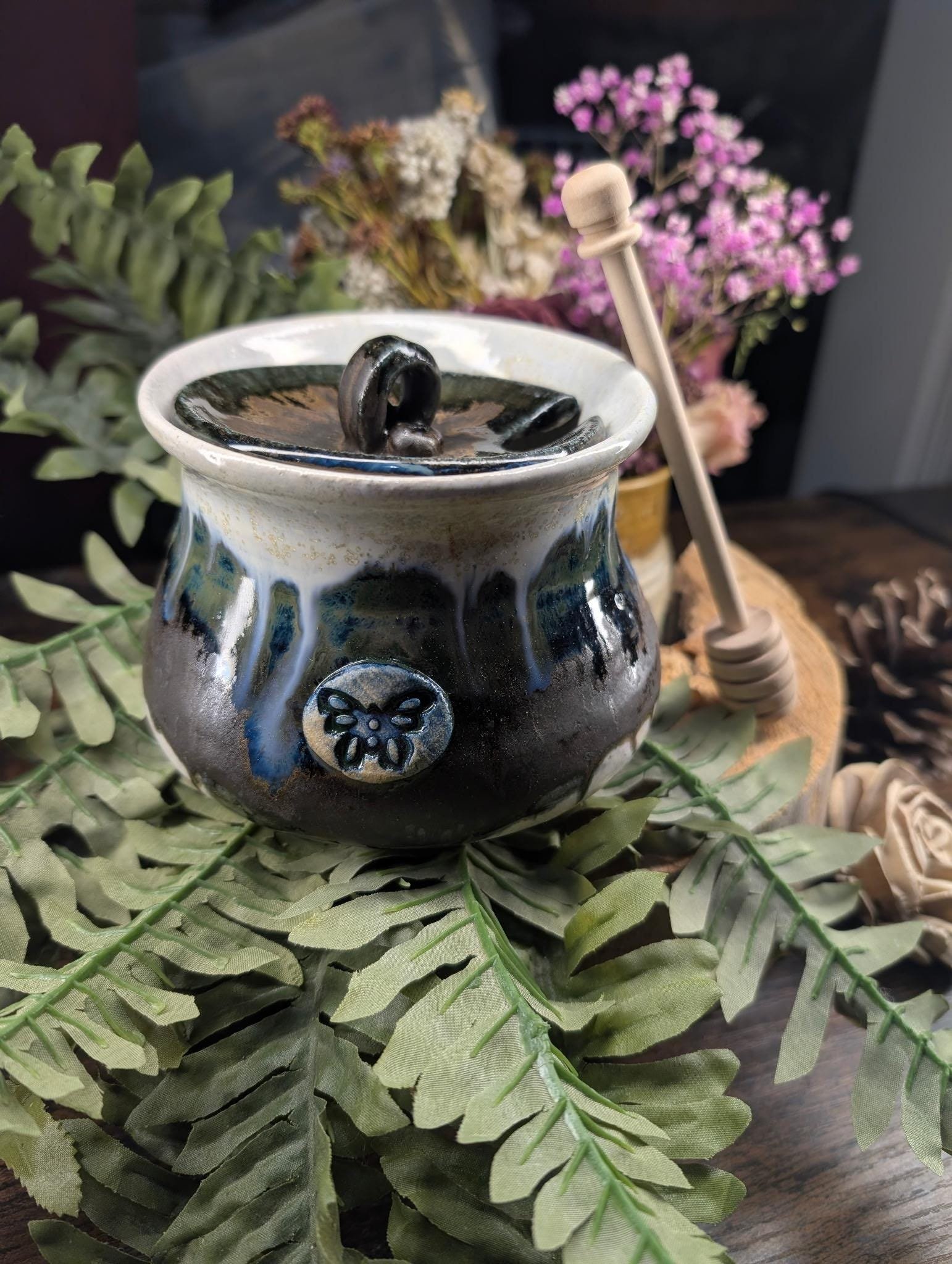 Butterfly Honey pot jar with wood dabber .