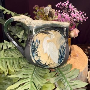 Hand made heron bird mug: Stoneware Clay, Thumb Rest