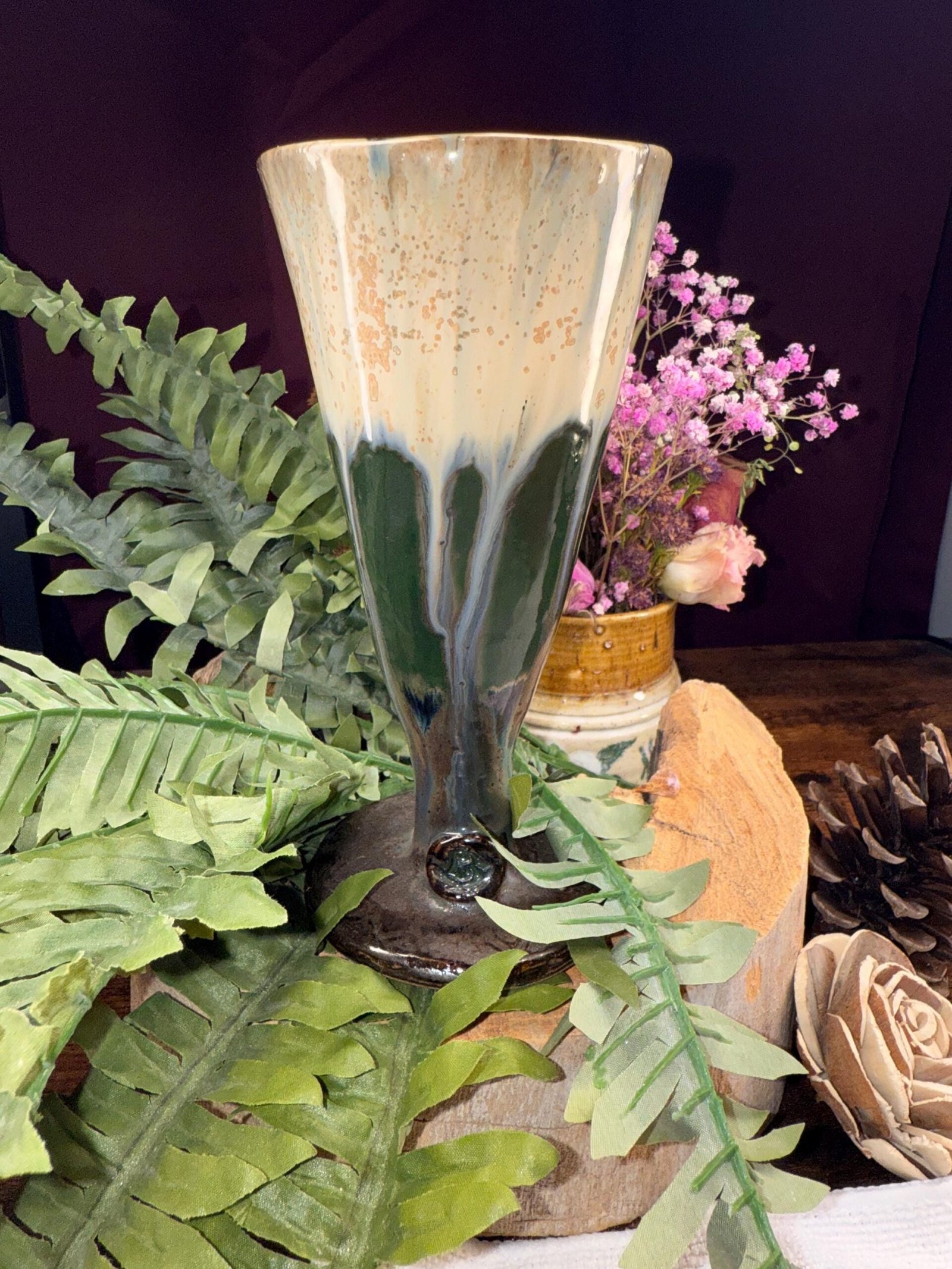 Hand made chalice/ champagne cup: Stoneware Clays/ adorable bird stamp.