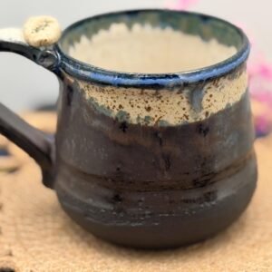 Hand made coffee mug Stoneware Clay, Thumb Rest. Speckled cream brown blue