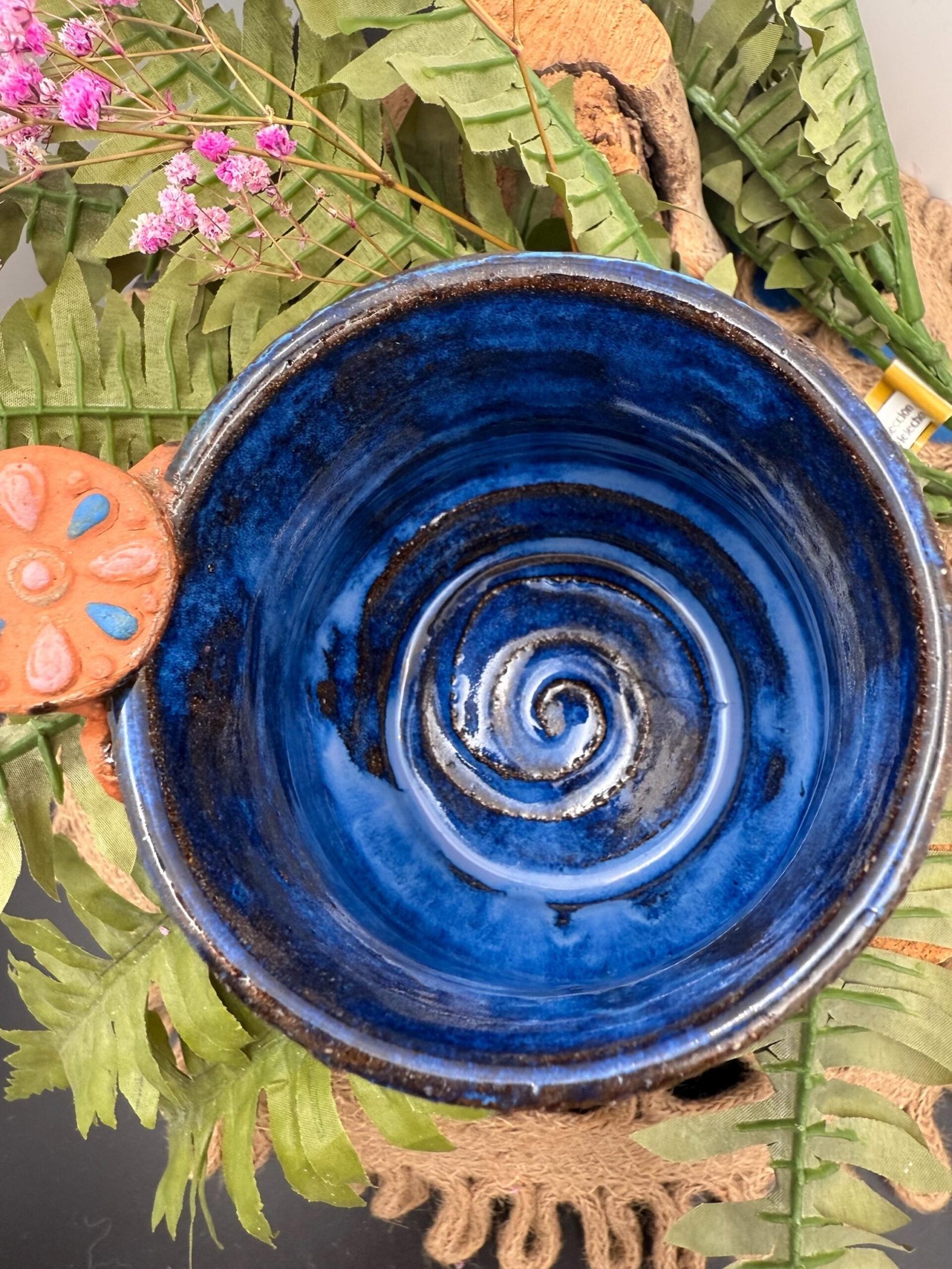 Southwestern style terra-cotta and brilliant blue glazed Coffee mug.17+ Oz hand made.