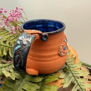 Southwestern style terra-cotta and brilliant blue glazed Coffee mug.17+ Oz hand made.