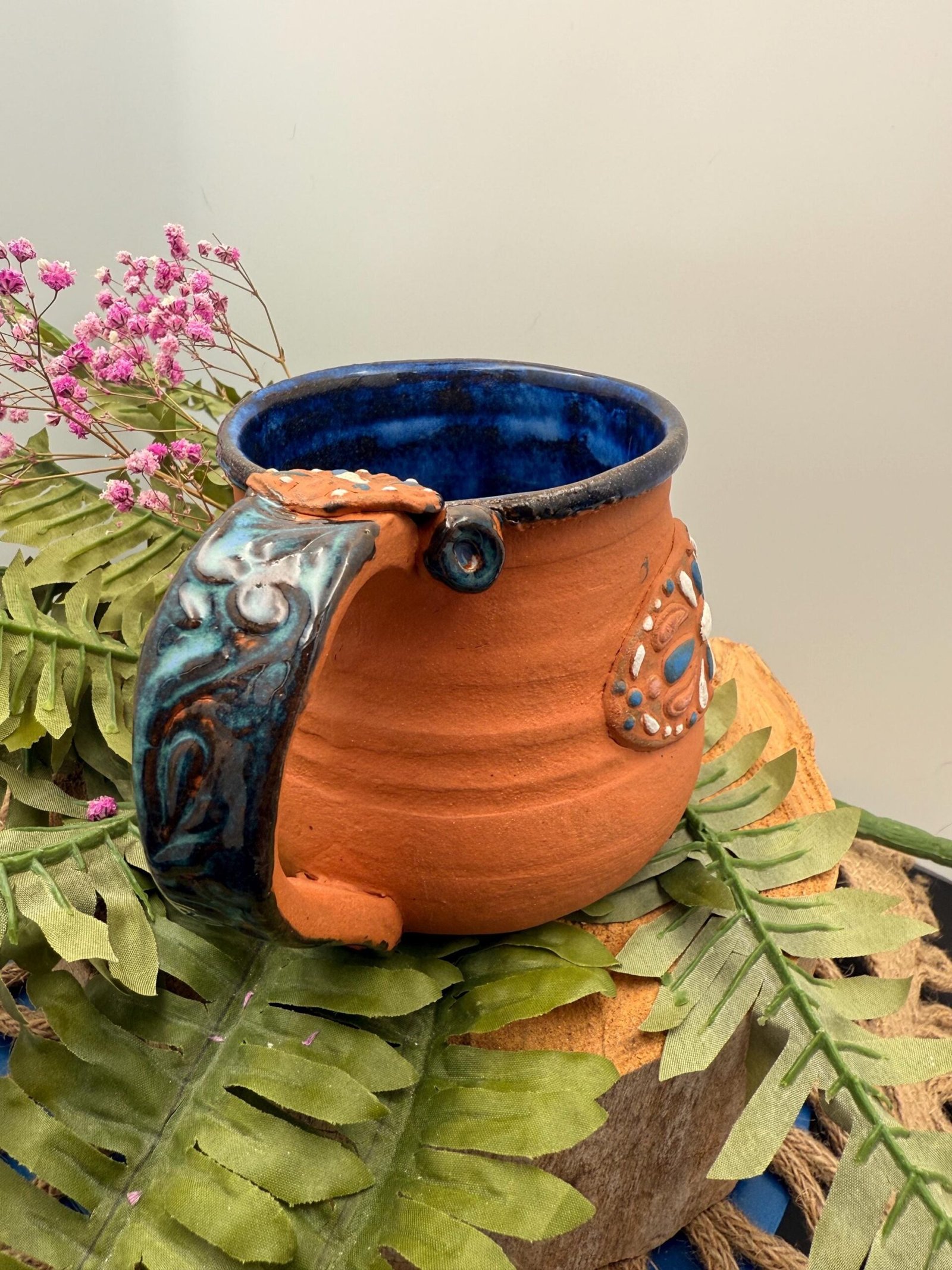 Southwestern style terra-cotta and brilliant blue glazed Coffee mug.17+ Oz hand made.