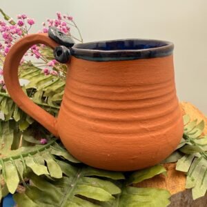 Southwestern style terra-cotta and brilliant blue glazed Coffee mug.17+ Oz hand made.