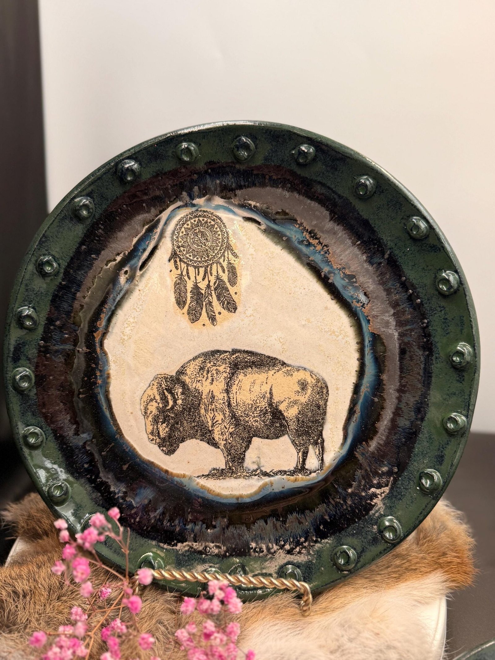 Handmade Stoneware Buffalo and Dream Catcher Plate Set, 10 inch