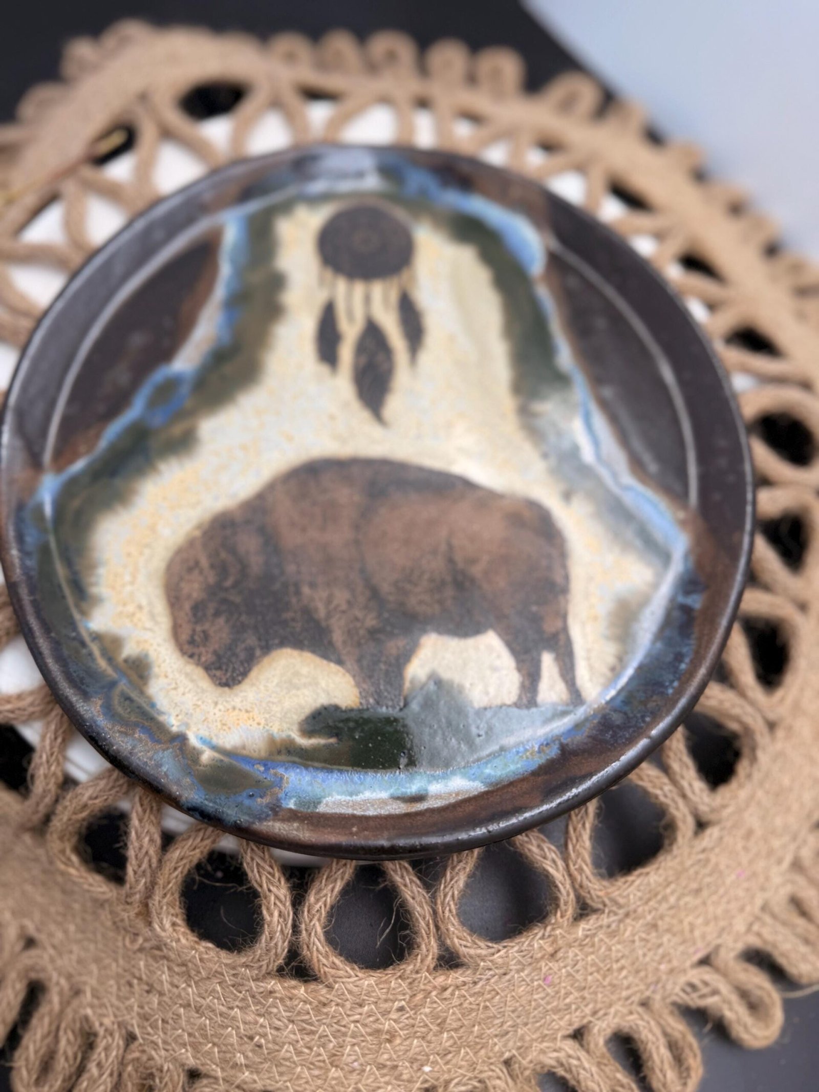 Handcrafted Bison Dream Catcher Stoneware Plate (8 inch)