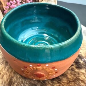 Handmade stoneware terracotta turquoise southwestern horse sun trinket bowl.
