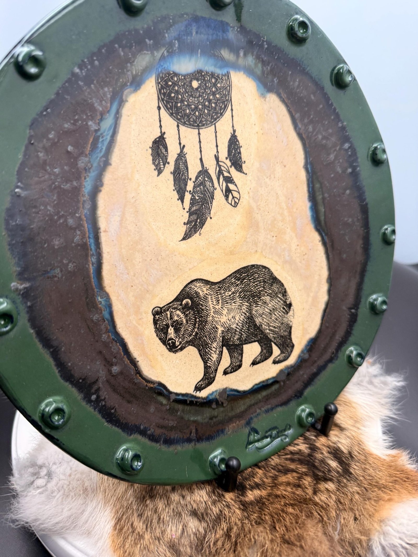 Handcrafted Stoneware Bear Dreamcatcher Plate, 10" - Image 2