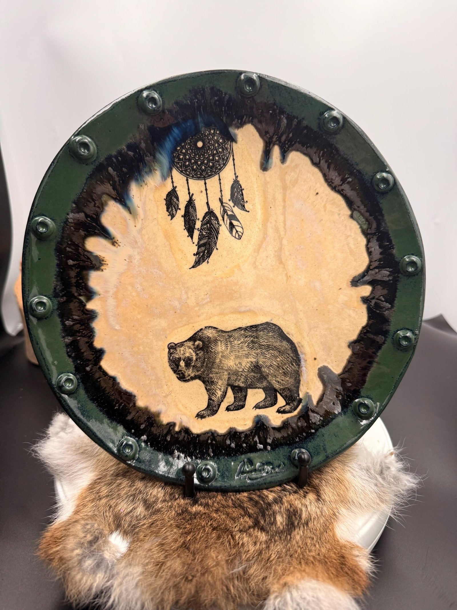 Handcrafted Stoneware Bear Dreamcatcher Plate, 10"