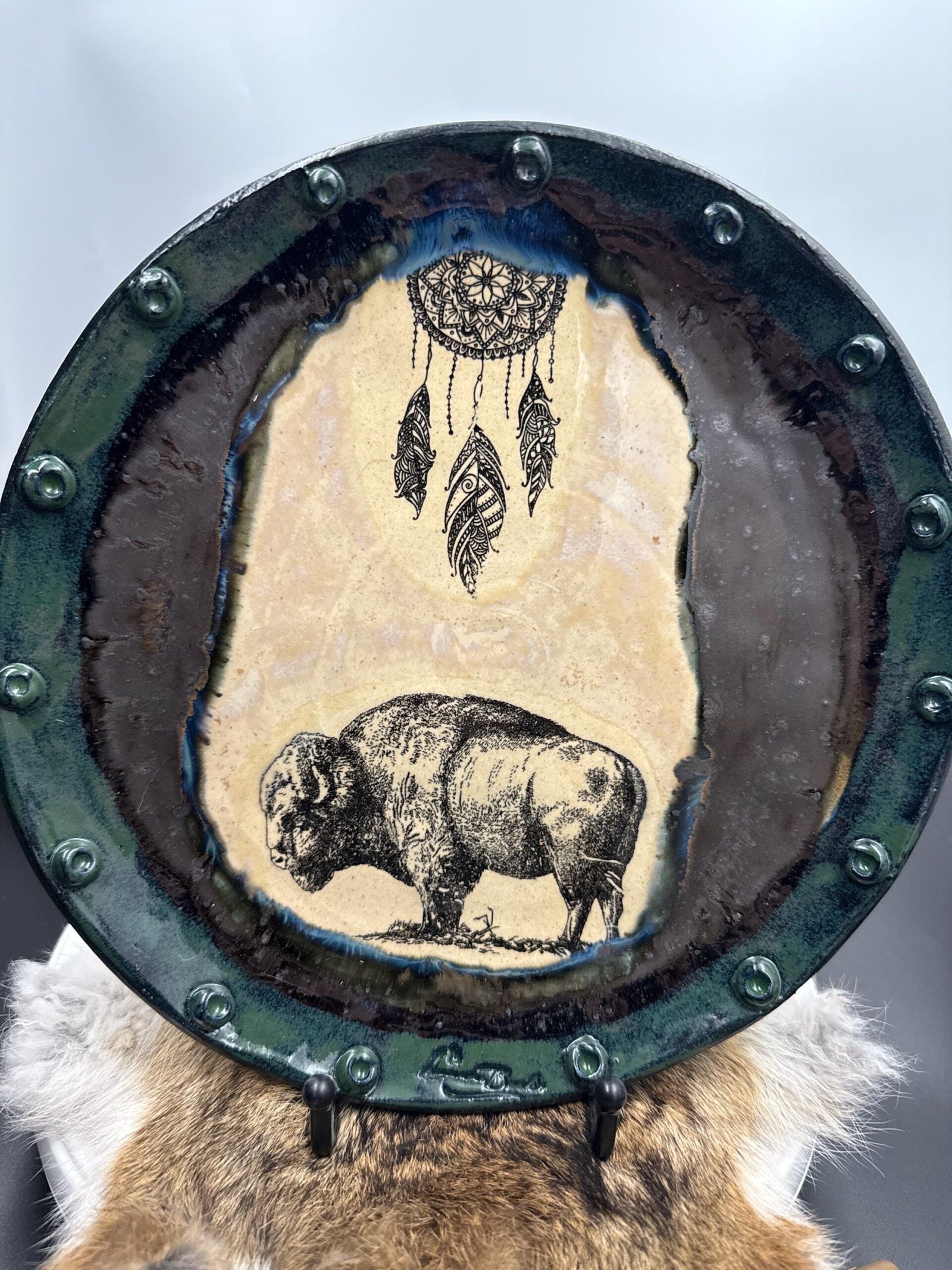 Handcrafted Stoneware Buffalo & Dreamcatcher Plate, 10"