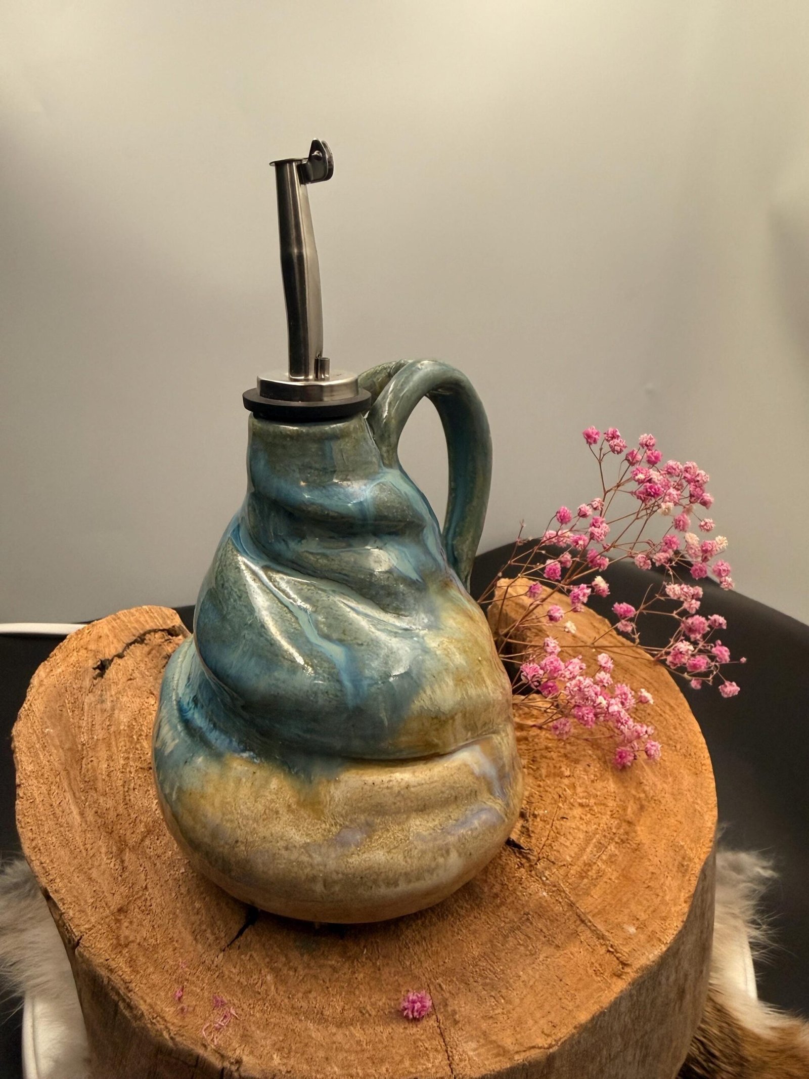 Wonderfully Wonky oil decanter hand made stoneware pottery.
