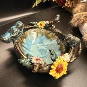 Hand sculpted stoneware,Mama and papa with baby Bird  bowl.
