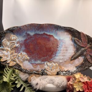 Stoneware Dragonfly Platter: Hand-Pressed Lace Serving Dish