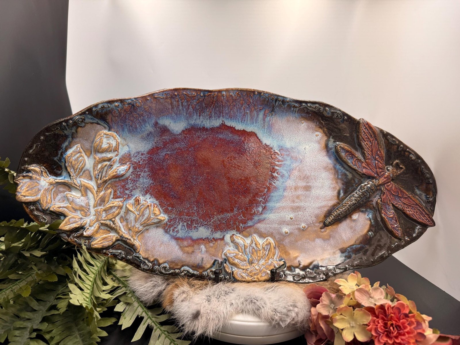 Stoneware Dragonfly Platter: Hand-Pressed Lace Serving Dish