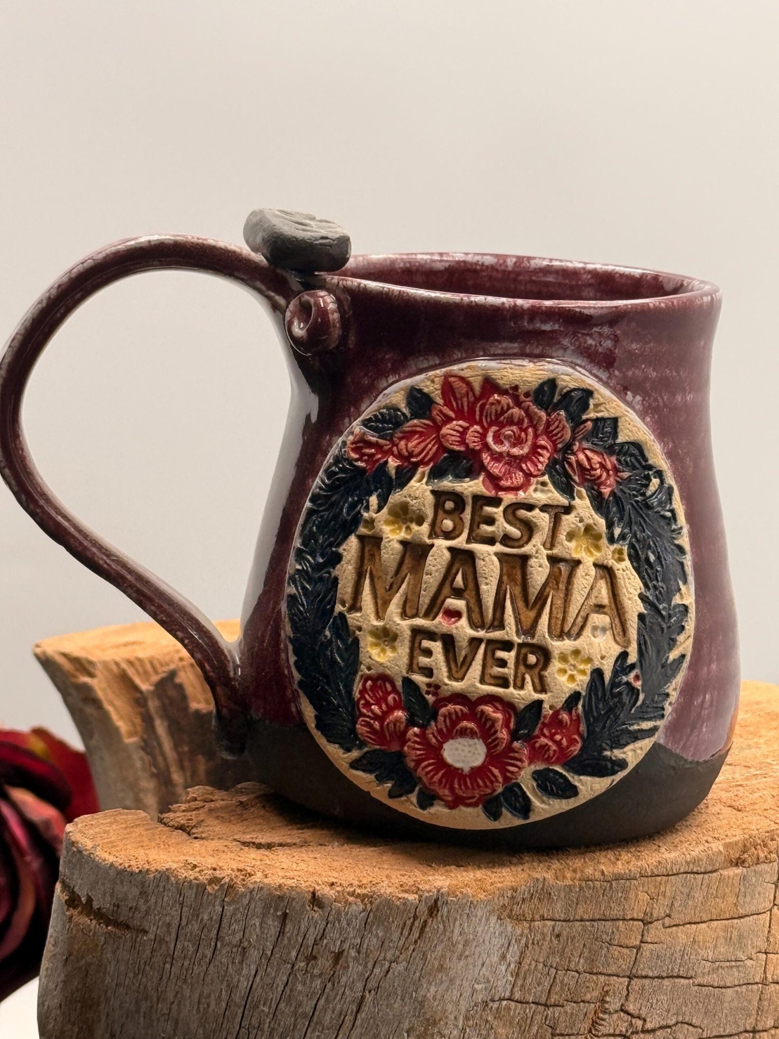 Handmade Floral Pendant Mug: Best Mama Ever Pottery –