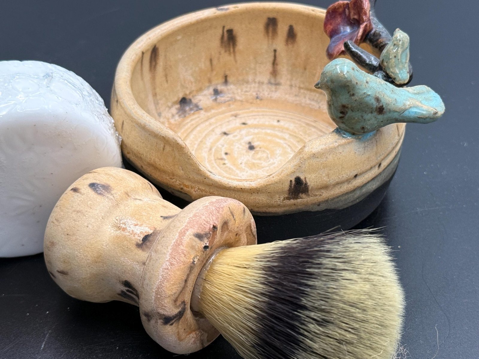 Hand made stoneware wet shave set. Birds motife - Image 2
