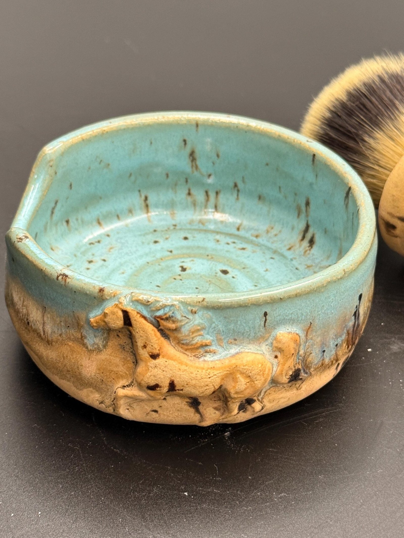 Hand made stoneware wet shave set. Horse and deer motife. Soap and brush included. - Image 2