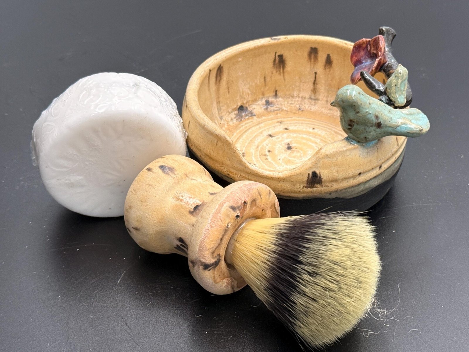 Hand made stoneware wet shave set. Birds motife