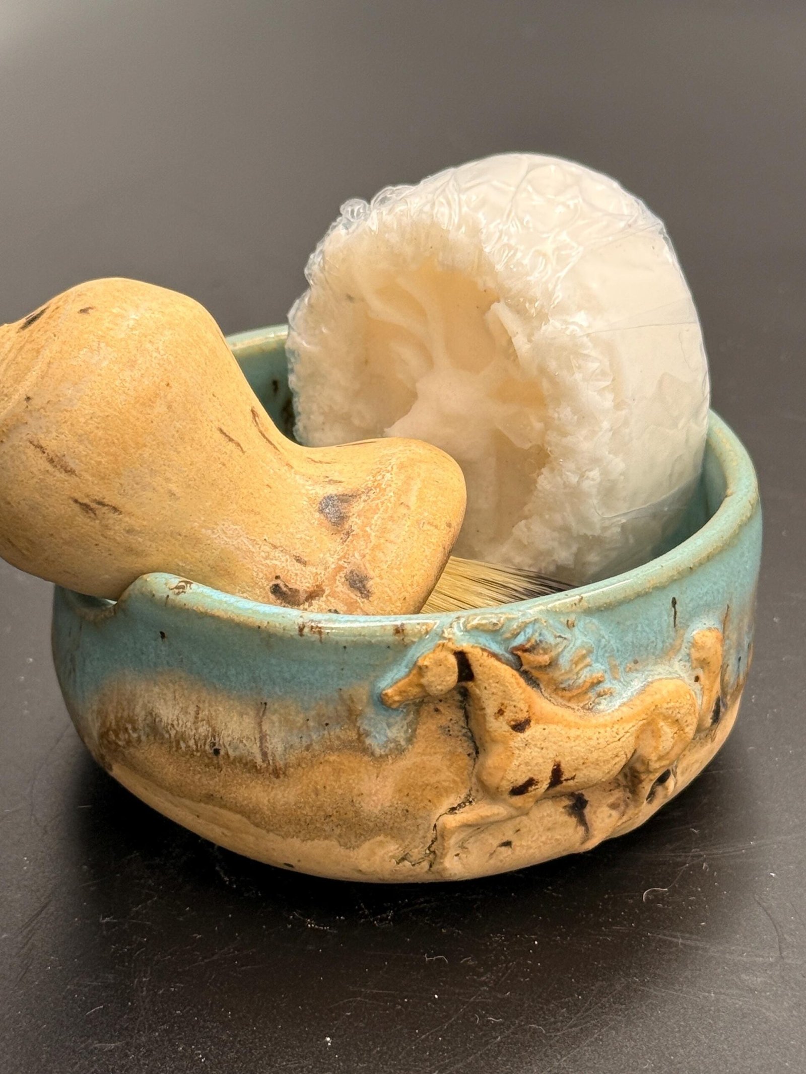 Hand made stoneware wet shave set. Horse and deer motife. Soap and brush included.