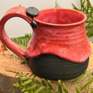 Stoneware Coffee Mug Pink Dripping Overglaze, Bird Thumb Rest Pottery Cup Handmade