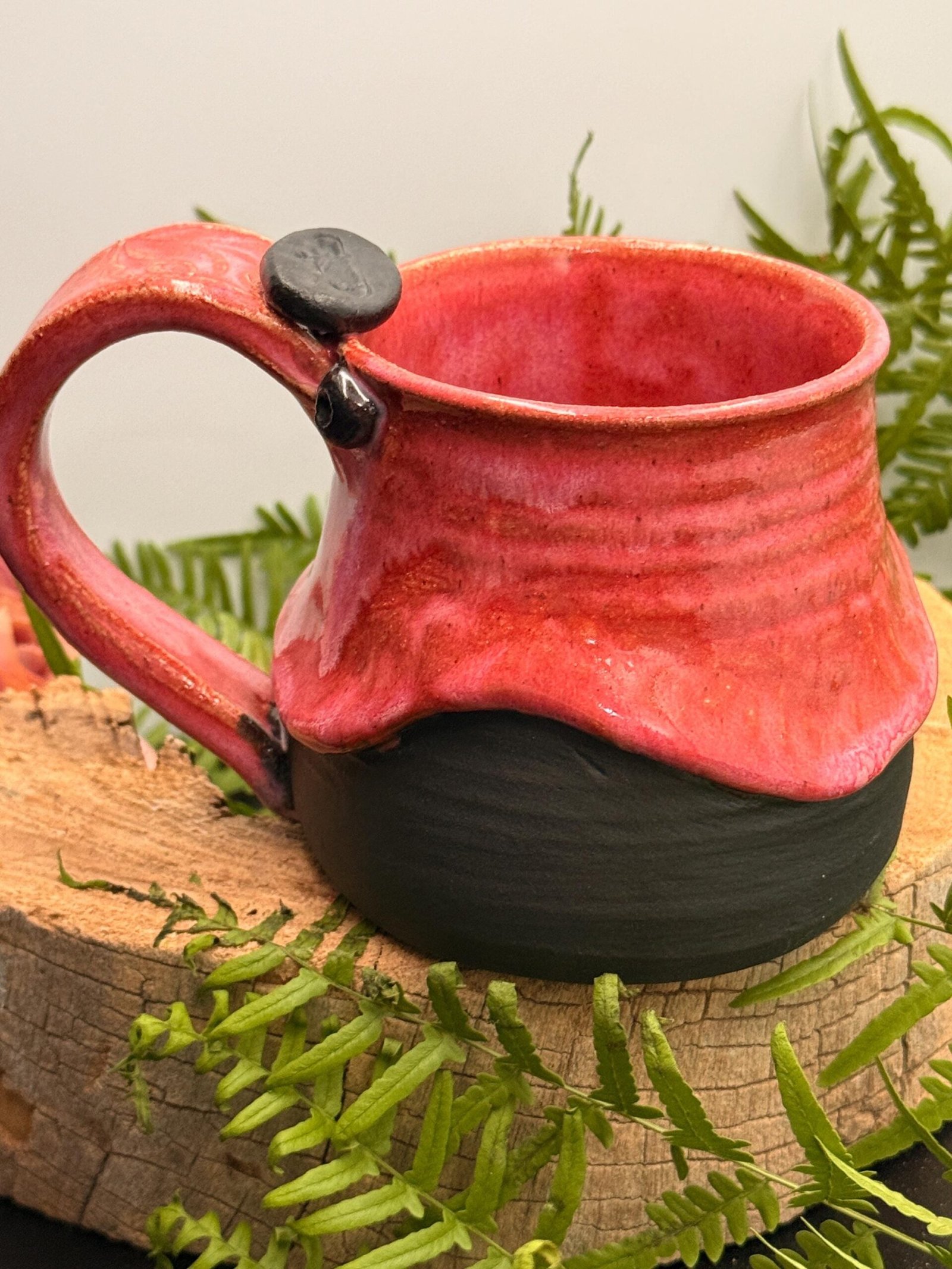 Stoneware Coffee Mug Pink Dripping Overglaze, Bird Thumb Rest Pottery Cup Handmade