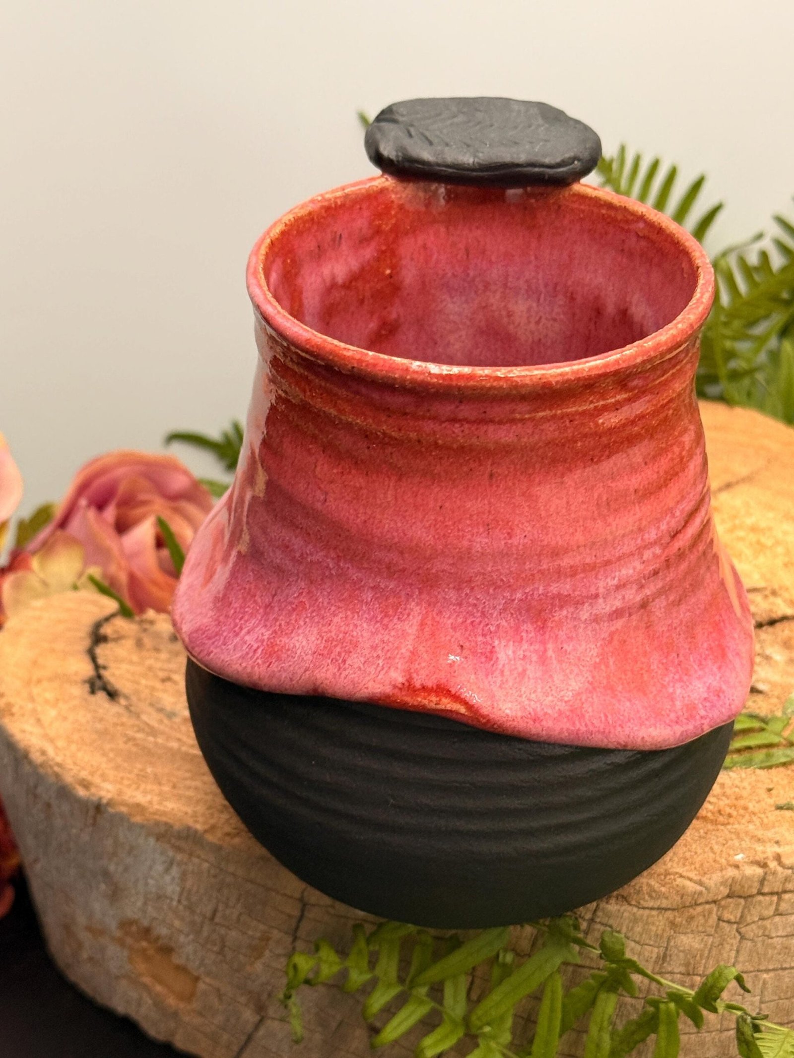 Stoneware Coffee Mug Pink Dripping Overglaze, leaf Thumb Rest Pottery Cup Handmade - Image 2