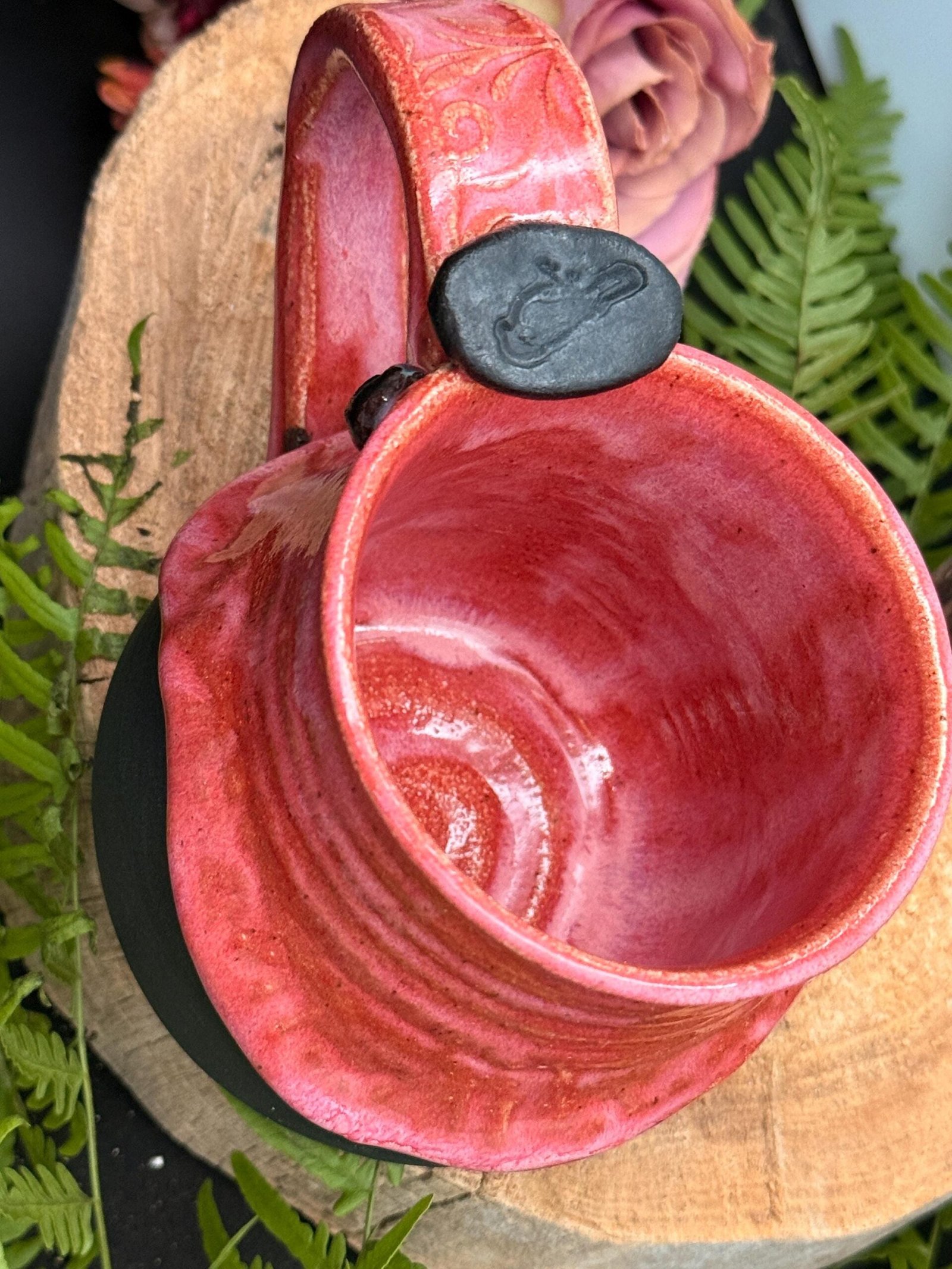 Stoneware Coffee Mug Pink Dripping Overglaze, Bird Thumb Rest Pottery Cup Handmade - Image 2