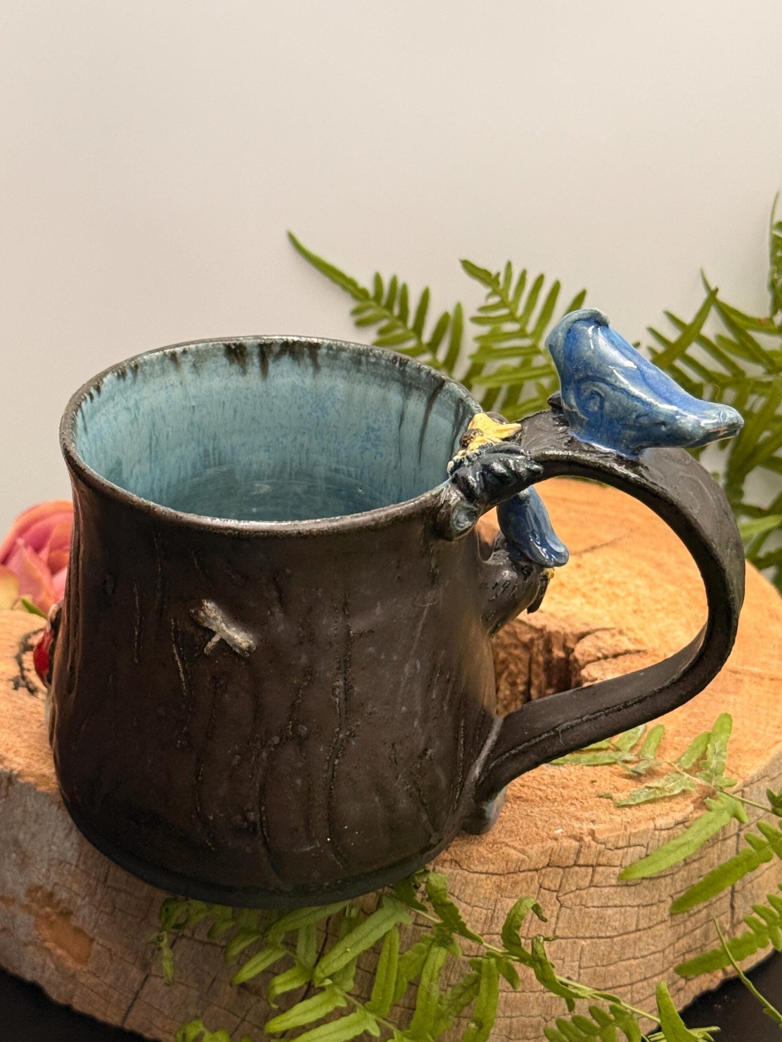 Hand-Sculpted Stoneware Tree Mug – Forest Scene with Birds, Mushrooms, Flowers - Image 2