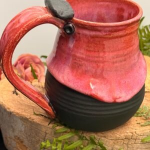 Stoneware Coffee Mug Pink Dripping Overglaze, leaf Thumb Rest Pottery Cup Handmade