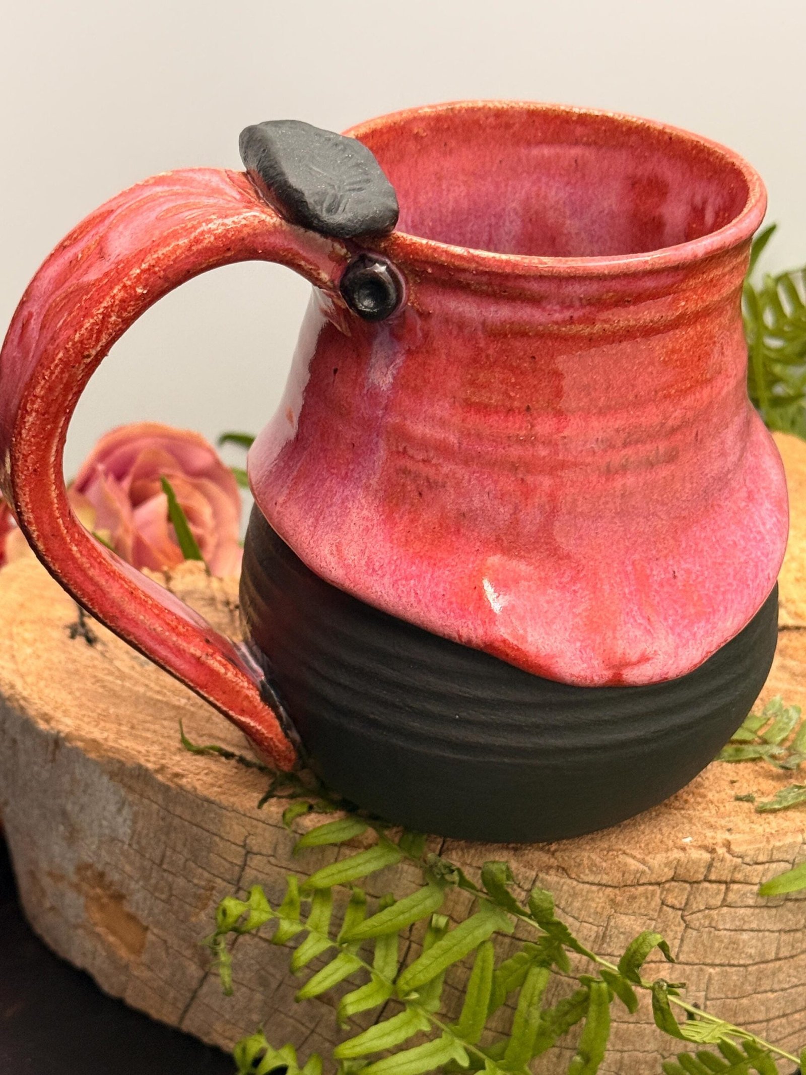 Stoneware Coffee Mug Pink Dripping Overglaze, leaf Thumb Rest Pottery Cup Handmade