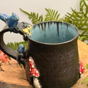 Hand-Sculpted Stoneware Tree Mug – Forest Scene with Birds, Mushrooms, Flowers