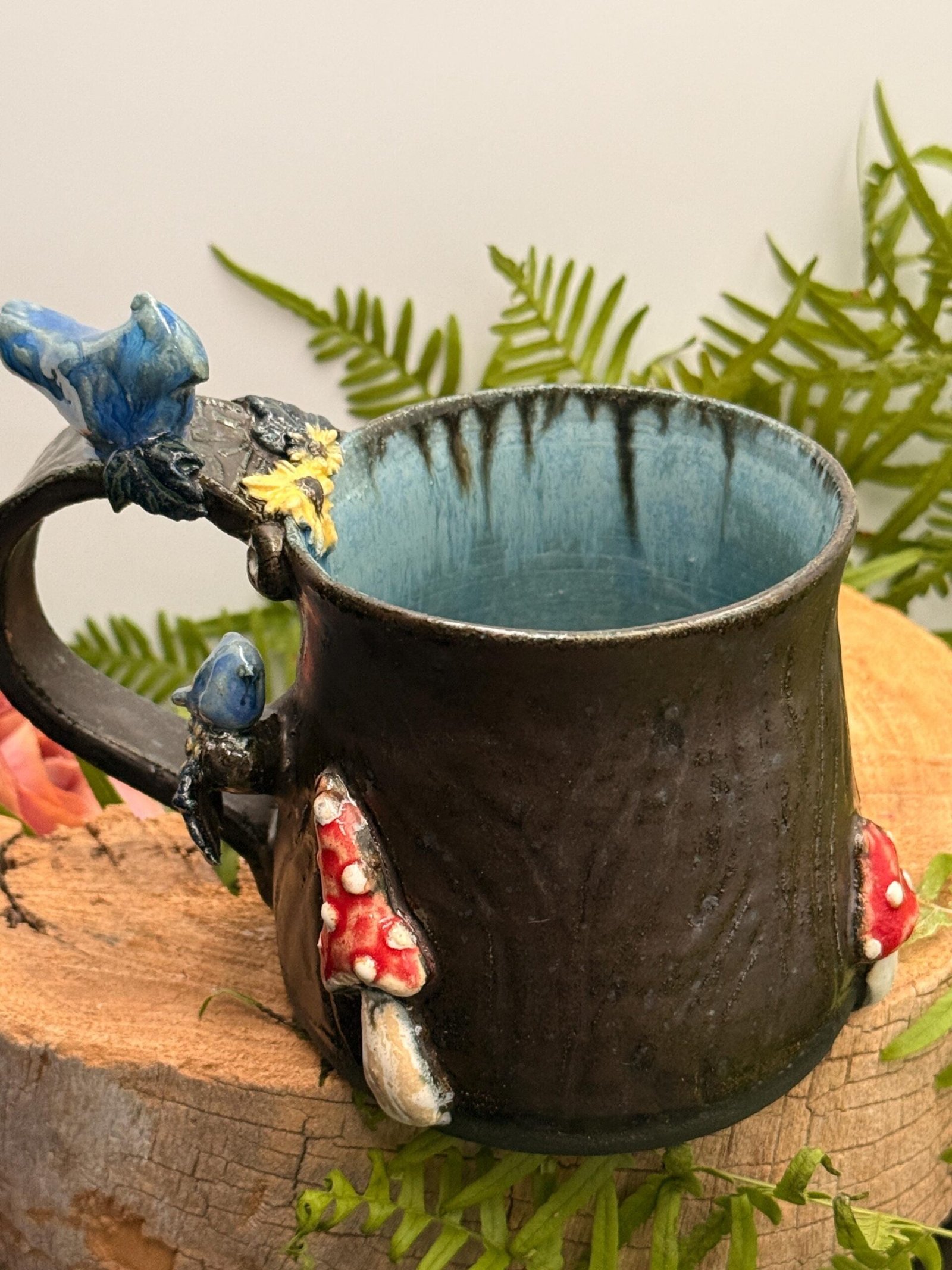 Hand-Sculpted Stoneware Tree Mug – Forest Scene with Birds, Mushrooms, Flowers